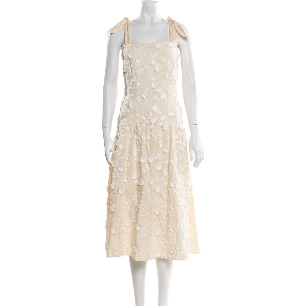 Rebecca Taylor Ivory Embroidered Midi Dress with Ribbon Straps
